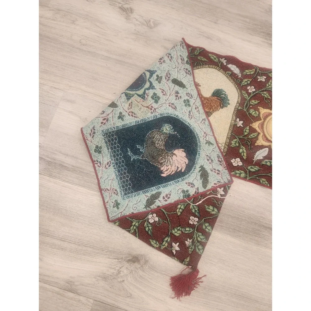 Vintage Rooster Farmhouse Cottagecore Tapestry Table Runner Red & Cream 69x12